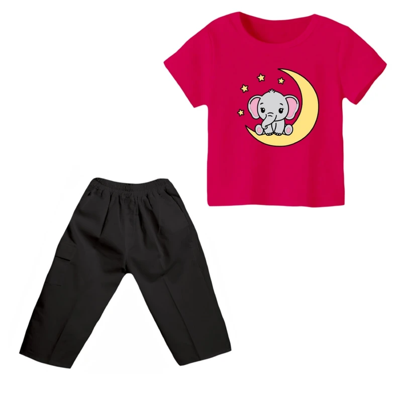 ست تی شرت و شلوارک دخترانه مدل فیل کد ۶ رنگ سرخابی