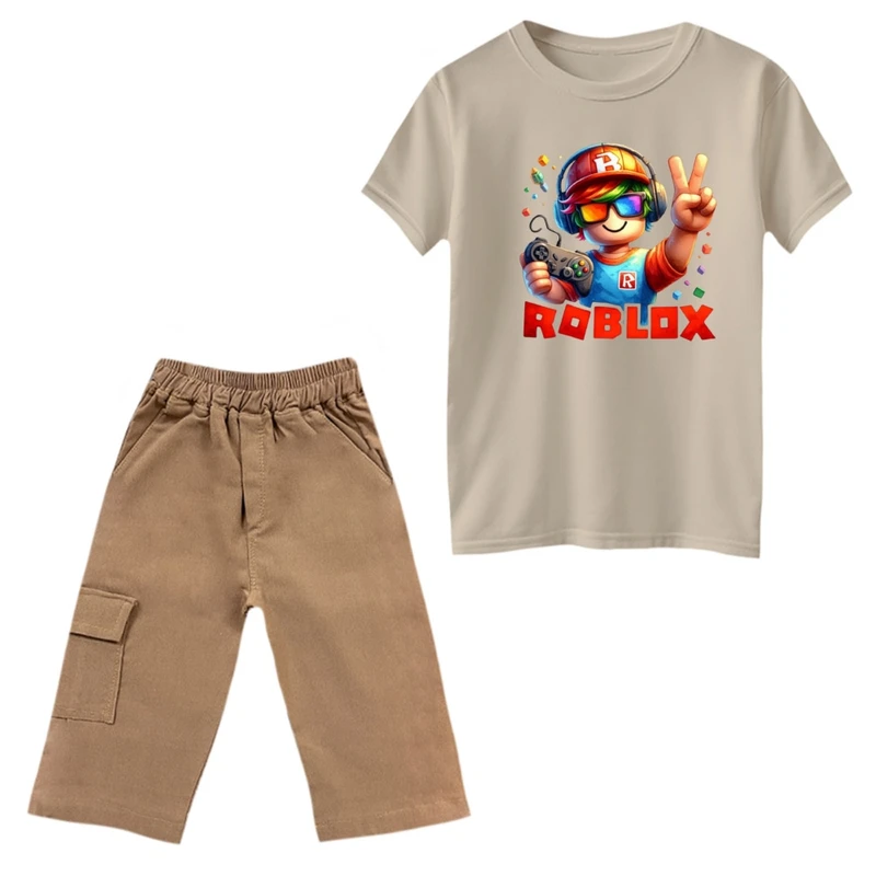 ست تی‌شرت و شلوارک پسرانه مدل روبلاکس کد 2 رنگ کرم