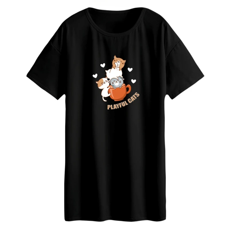 تی شرت لانگ زنانه مدل گربه های بازیگوش