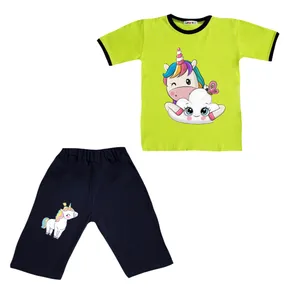 ست تی شرت  آستین کوتاه و شلوارک دخترانه مدل یونیکورن