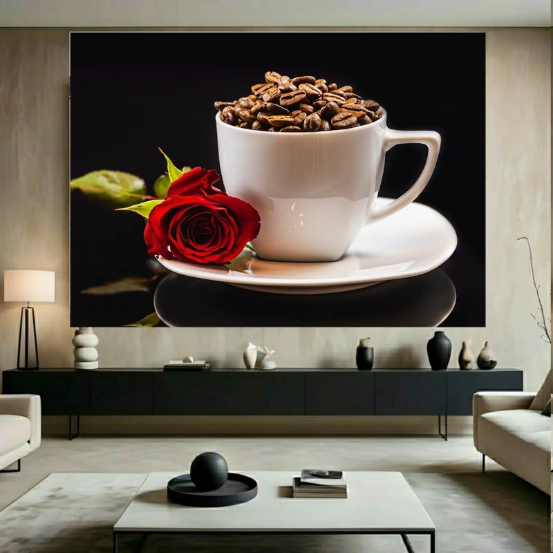 تابلو بوم طرح مخمل قهوه و گل مدل صبحانه رمانتیک کد FP106188