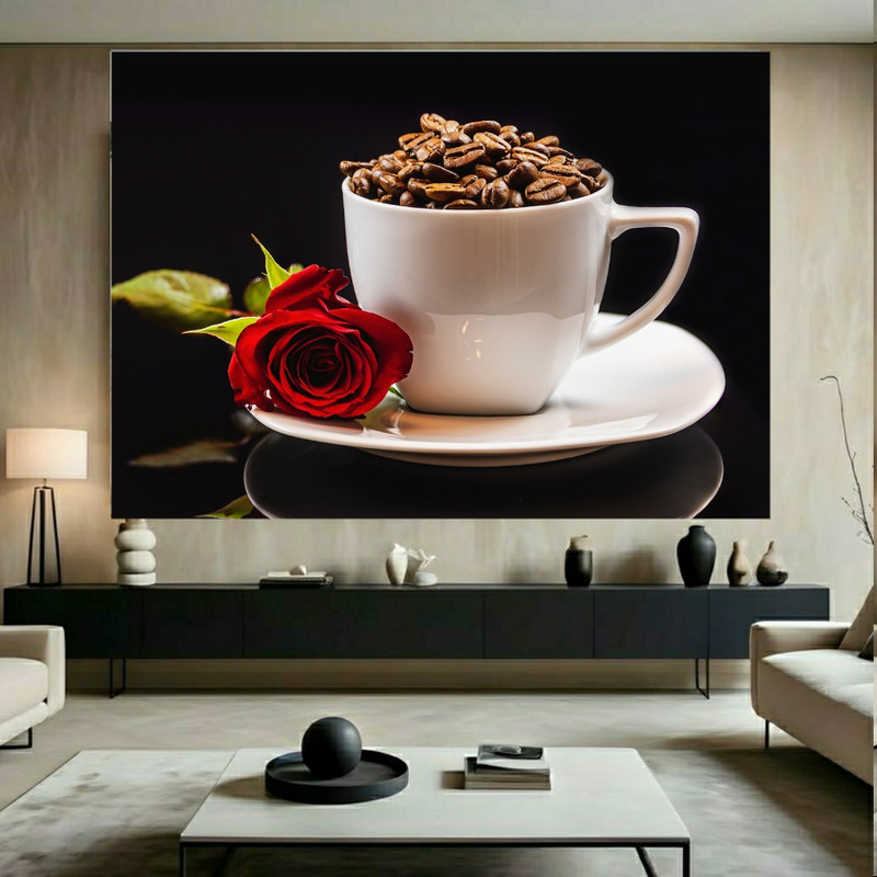تابلو بوم طرح مخمل قهوه و گل مدل صبحانه رمانتیک کد FP106188