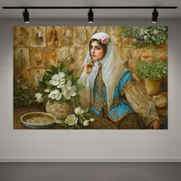 پوستر پارچه ای طرح مخمل نقاشی سنتی مدل بانوی ایرانی کد AR3060511