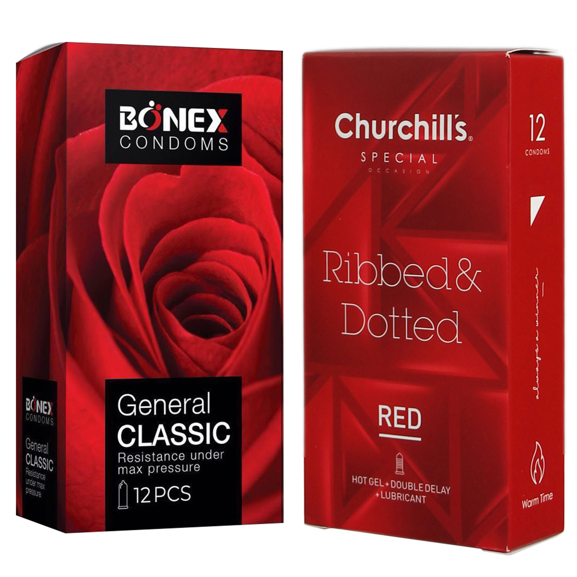 کاندوم چرچیلز مدل Ribbed & Dotted Red بسته 12 عددی به همراه کاندوم بونکس مدل General Classic بسته 12 عددی 