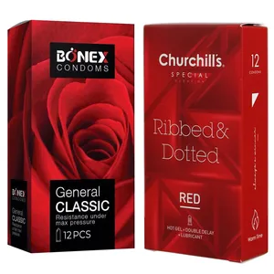کاندوم چرچیلز مدل Ribbed & Dotted Red بسته 12 عددی به همراه کاندوم بونکس مدل General Classic بسته 12 عددی 