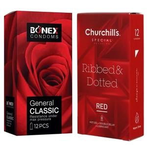 کاندوم چرچیلز مدل Ribbed &amp; Dotted Red  بسته 12 عددی به همراه کاندوم بونکس مدل General Classic بسته 12 عددی