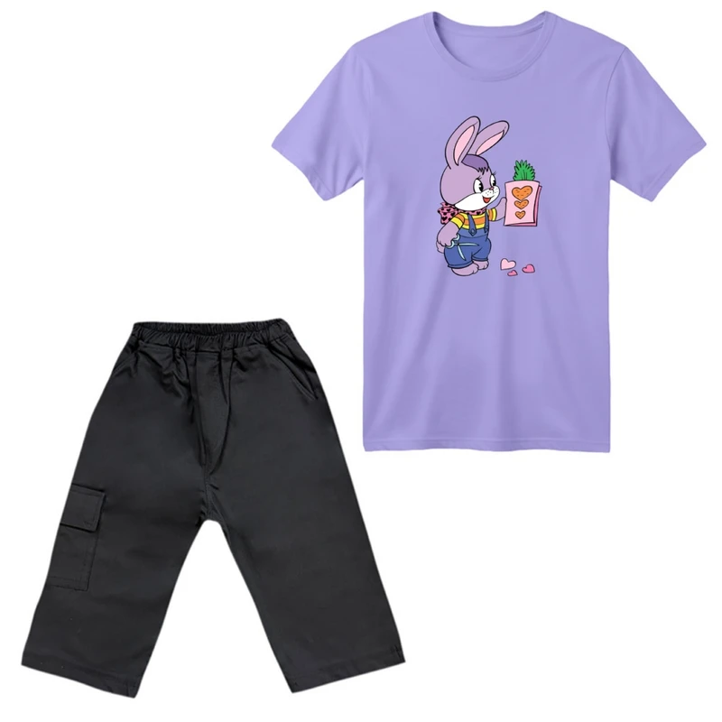 ست تی‌شرت آستین کوتاه و شلوارک دخترانه مدل خرگوش و هویج