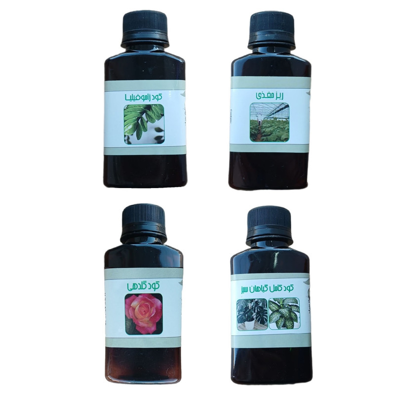 کود مایع زاموفیلیا و ربیز مغذی و گلدهی و برگ سبز کد 02 حجم 120 میلی لیتر بسته 4 عددی کود مایع زاموفیلیا و ربیز مغذی و گلدهی و برگ سبز کد 02 حجم 120 میلی لیتر بسته 4 عددی