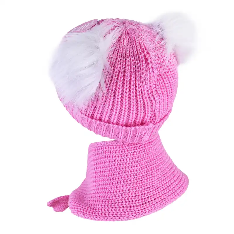 ست کلاه و شال گردن بافتنی بچگانه مدل داخل خز طرح عروسکی رنگ صورتی