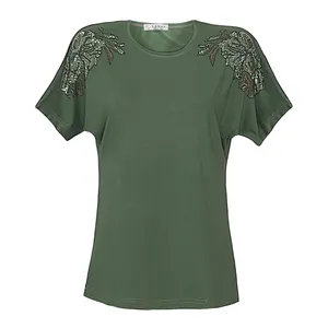 بلوز آستین کوتاه یقه گرد زنانه مدل ویسکوز نگین دار