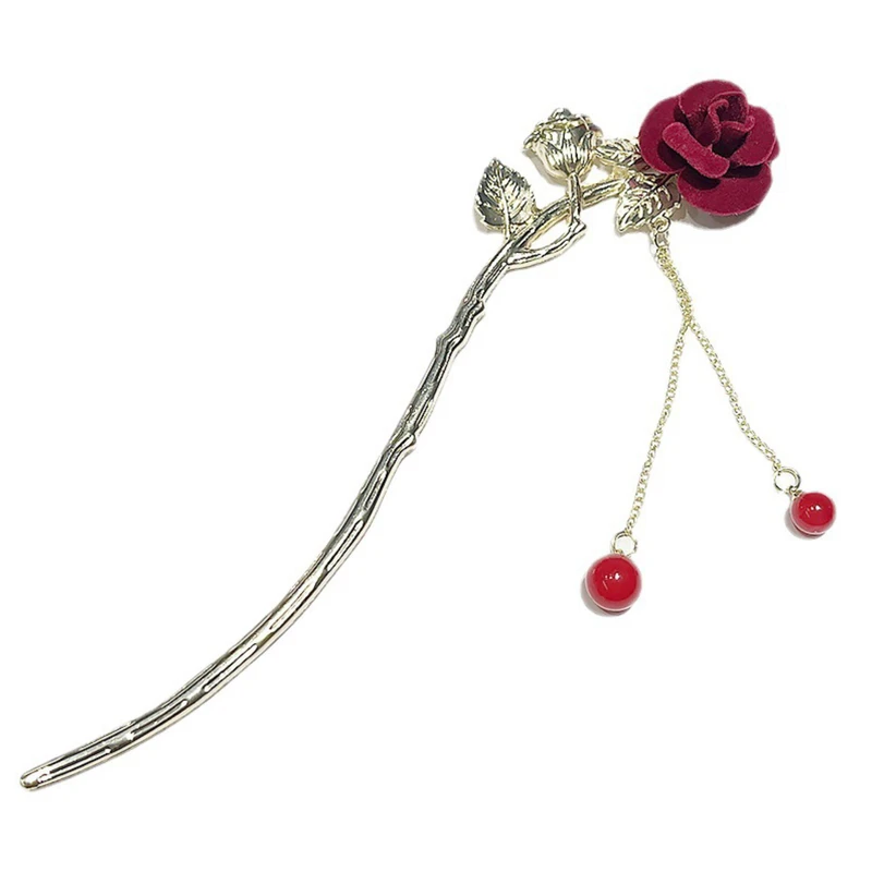 گیره مو زنانه مدل کانزاشی طرح تک گل رز آویزدار