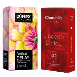 کاندوم چرچیلز مدل Ribbed & Dotted Red بسته 12 عددی به همراه کاندوم بونکس مدل Dotted Delay بسته 12 عددی 