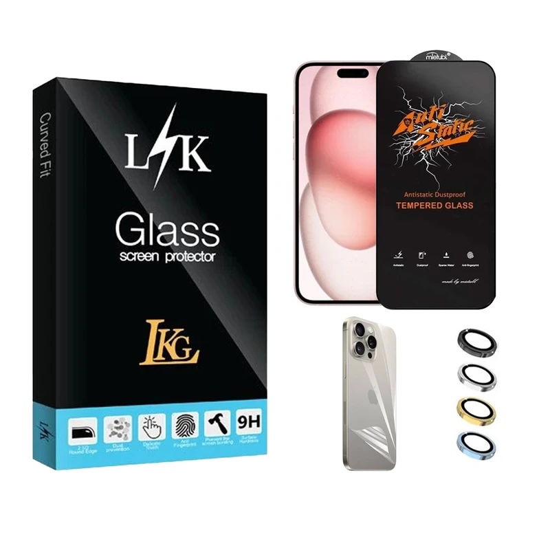 محافظ صفحه نمایش ال کا جی مدل انتی استاتیک مناسب برای گوشی موبایل اپل iPhone 15 Pro Max به همراه محافظ پشت گوشی و محافظ لنز