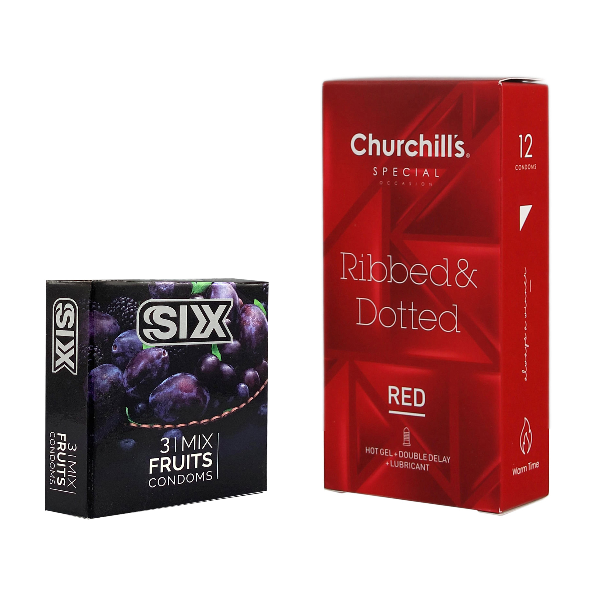 کاندوم چرچیلز مدل Ribbed & Dotted Red بسته 12 عددی به همراه کاندوم سیکس مدل میوه ای بسته 3 عددی 