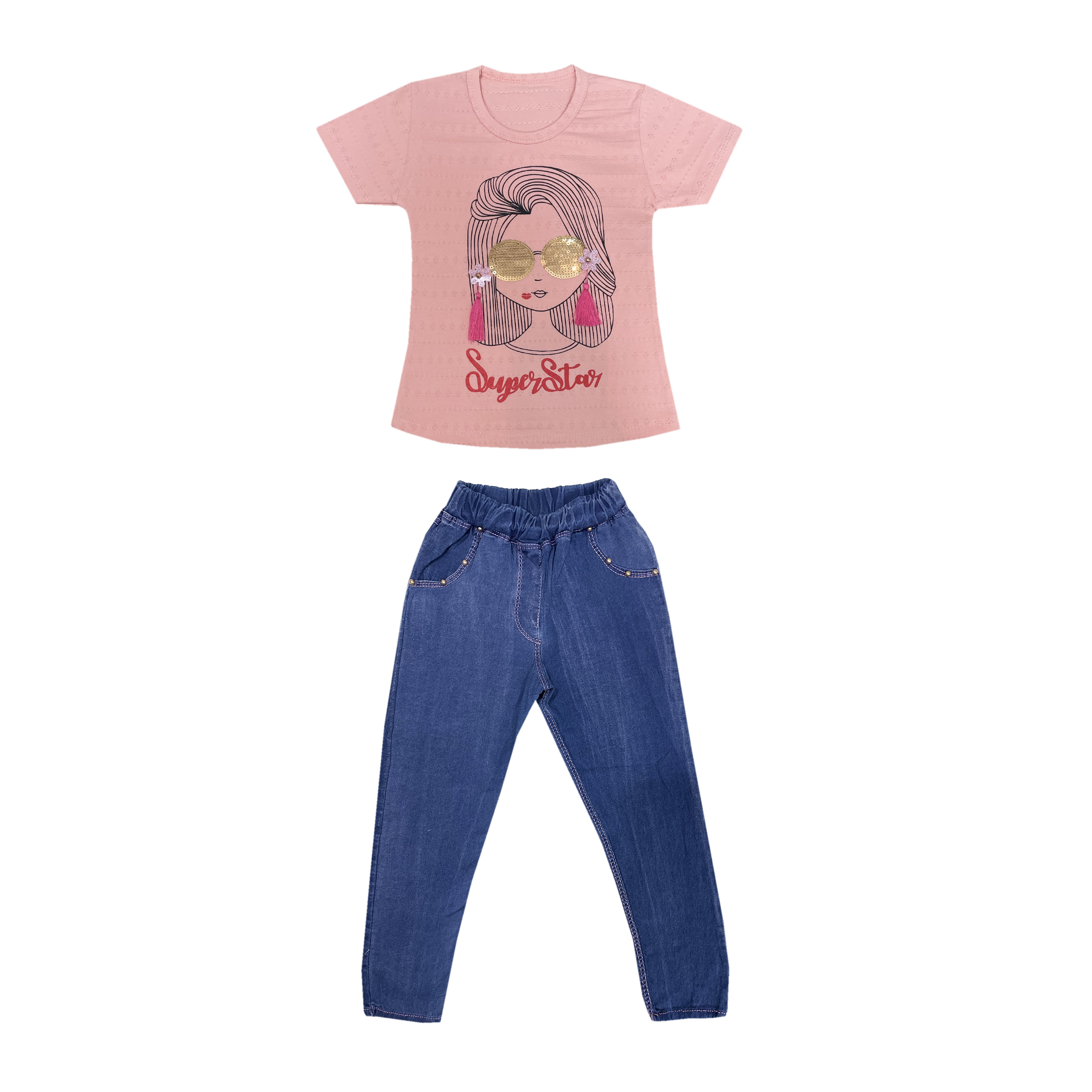 ست تی شرت و شلوار دخترانه مدل سوپر استار کد 2019