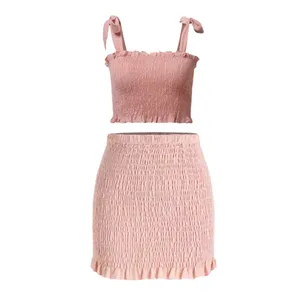 ست نیم تنه و دامن زنانه مدل کش دوزی رنگ صورتی 