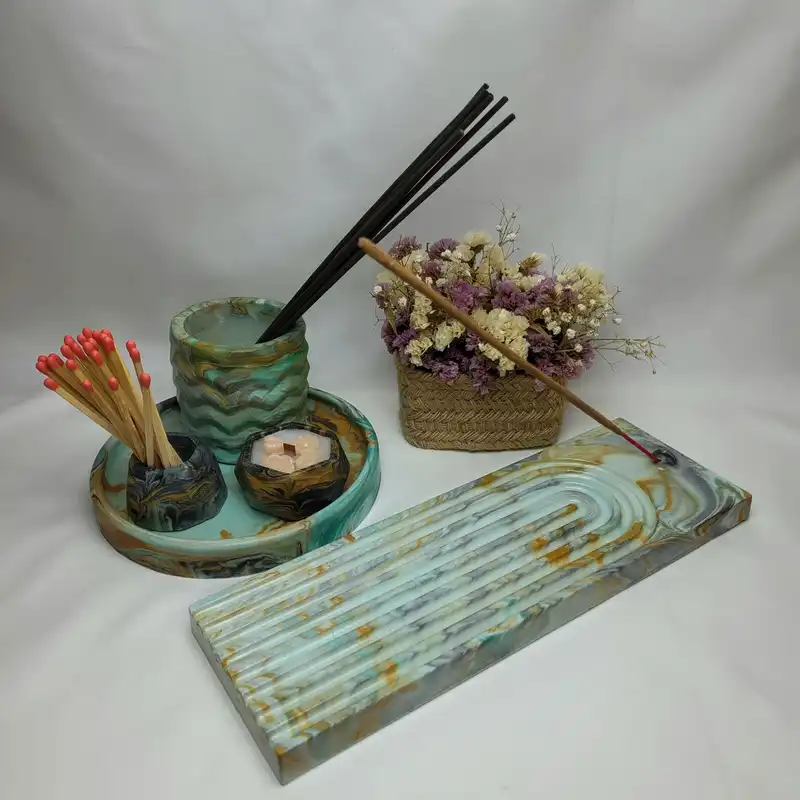 ست 5 تکه جاعودی و جاشمعی مدل آبشاری طرح ماربل مستطیل