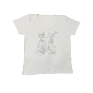 تی شرت آستین کوتاه زنانه مدل گربه نگینی رنگ سفید