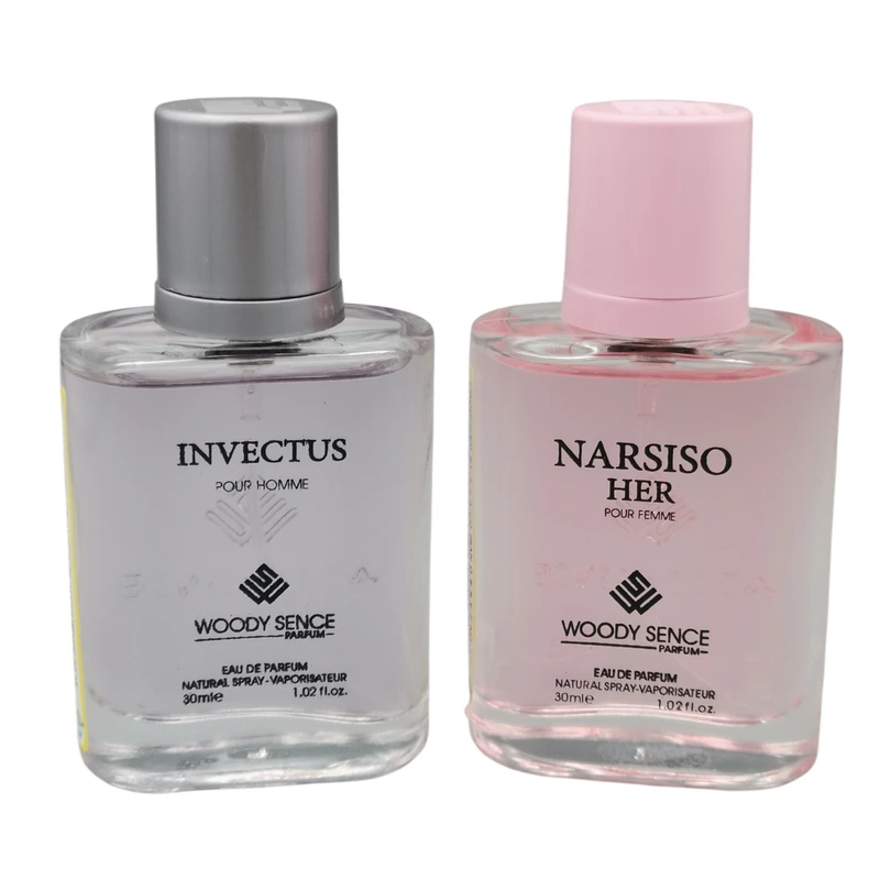 عطر جیبی زنانه وودی سنس مدل NARSISO HER حجم 30 میلی لیتر به همراه عطر جیبی مردانه وودی سنس مدل INVECTUS حجم 30 میلی لیتر