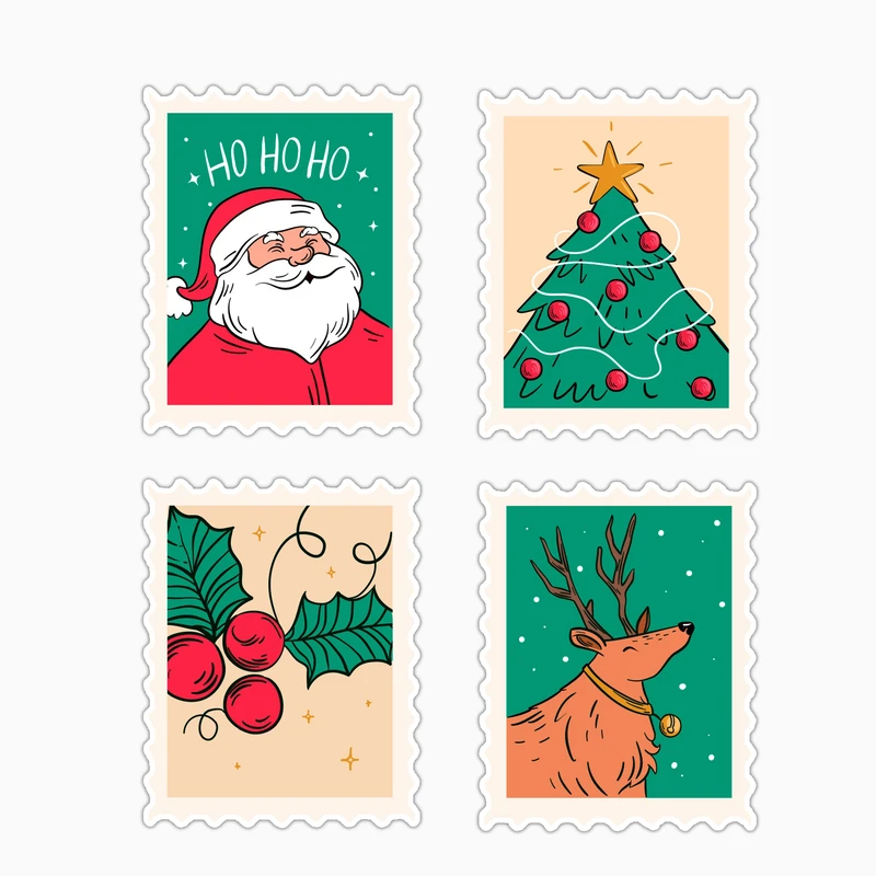 استیکر لپ تاپ و موبایل بووم طرح تمبر کریسمس کد MD11 مجموعه 4 عددی