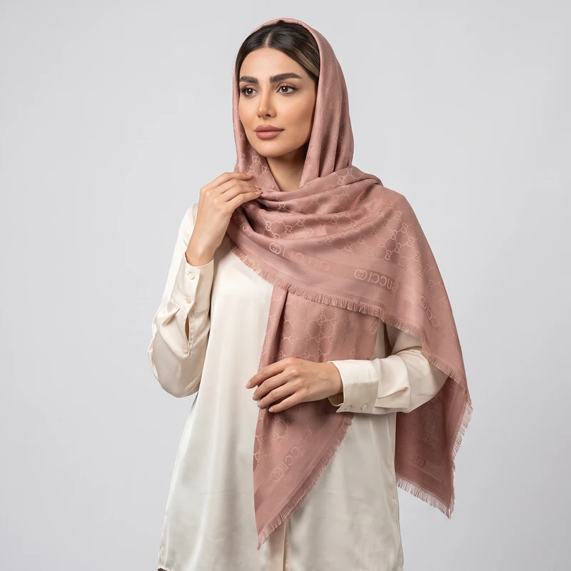 روسری زنانه مدل نخی ژاکارد دور ریش طرح زنجیری اداری رسمی دورو چهارفصل قواره ۱۴۰