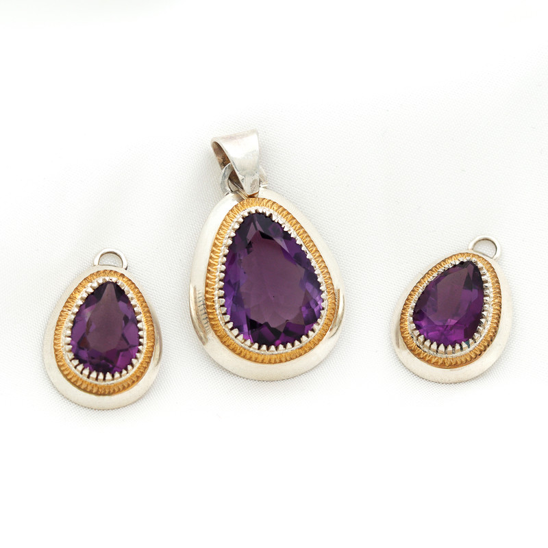 نیم ست نقره زنانه مدل اشکی نگین دست ساز آماتیس طبیعی کد SHS-46