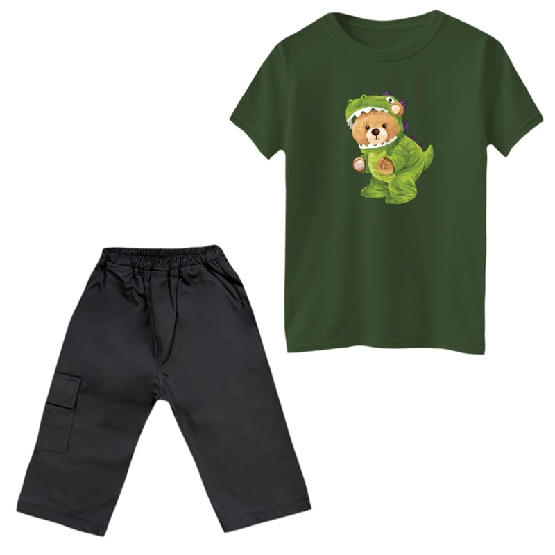 ست تی‌شرت و شلوارک پسرانه مدل خرس دایناسور
