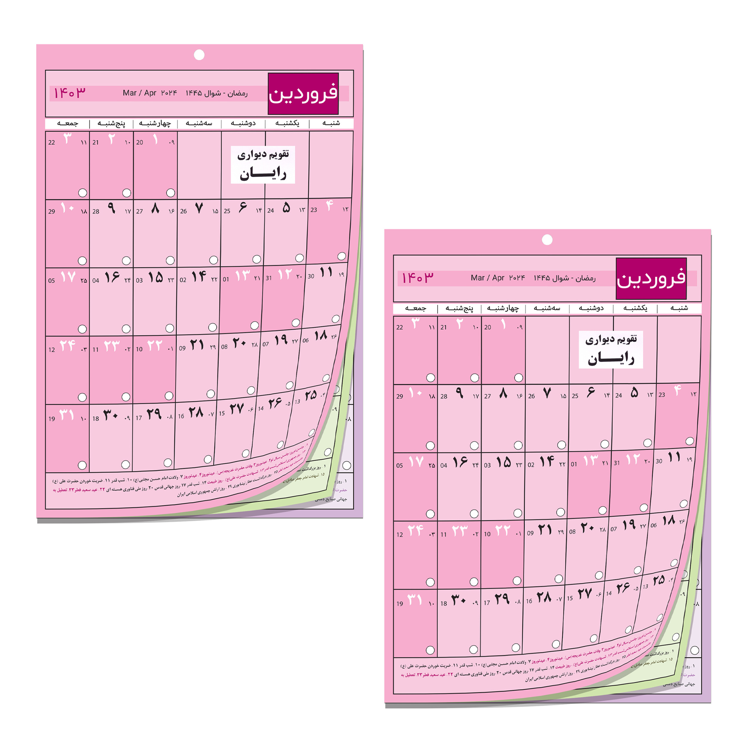 تقویم دیواری سال 1403 رایان مدل S01 بسته 2 عددی