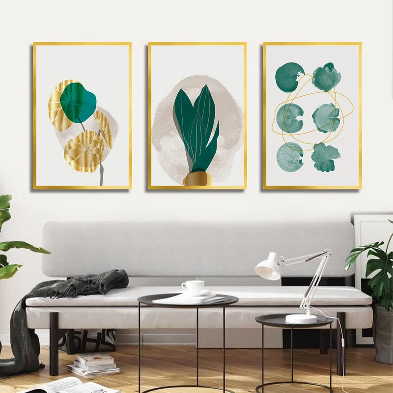 تابلو بکلیت طرح نقاشی مینیمال برگ سبز مدل T-3117 مجموعه 3 عددی