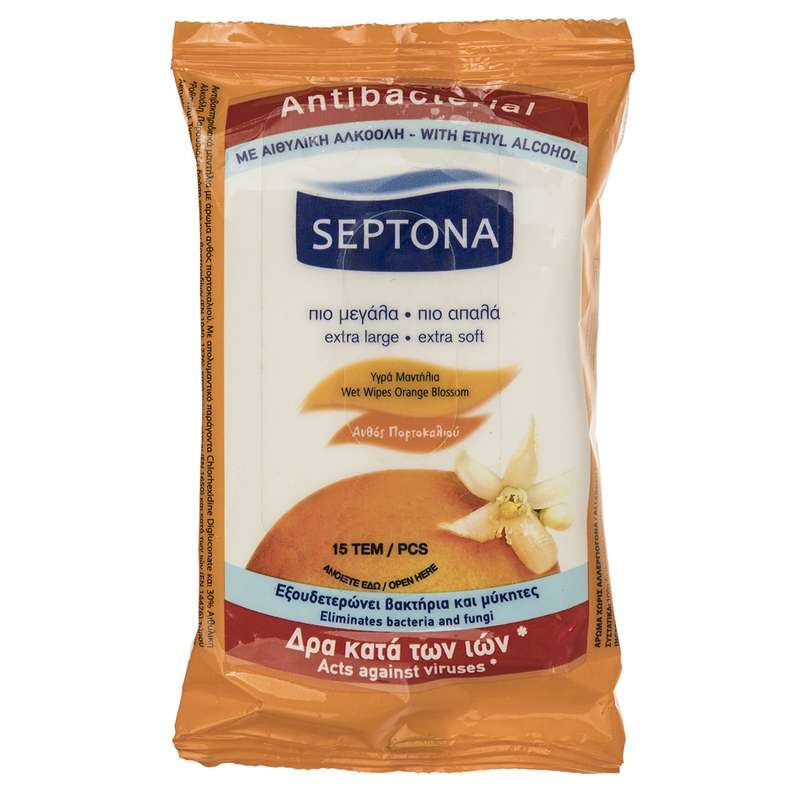 دستمال مرطوب سپتونا مدل Antibacterial سری عصاره پرتقال بسته 15 عددی