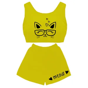 ست نیم تنه و شلوارک زنانه مدل  گربه کد D39 رنگ زرد