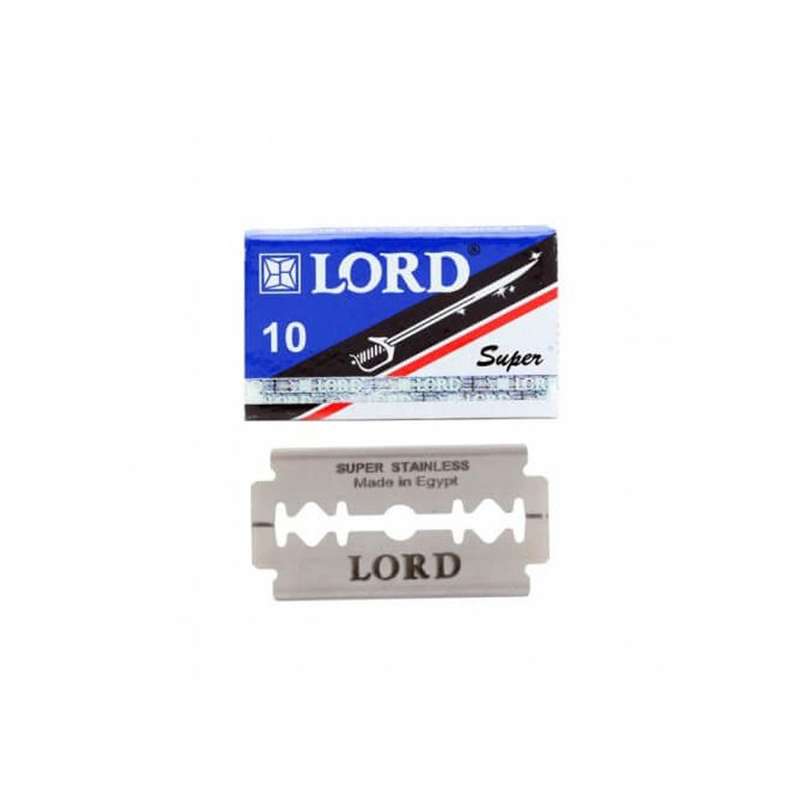 بسته‌بندی مقوایی کوچک تیغ و یدک اصلاح لرد Super مناسب استفاده خانگی و حرفه‌ای روی پس‌زمینه ساده سفید