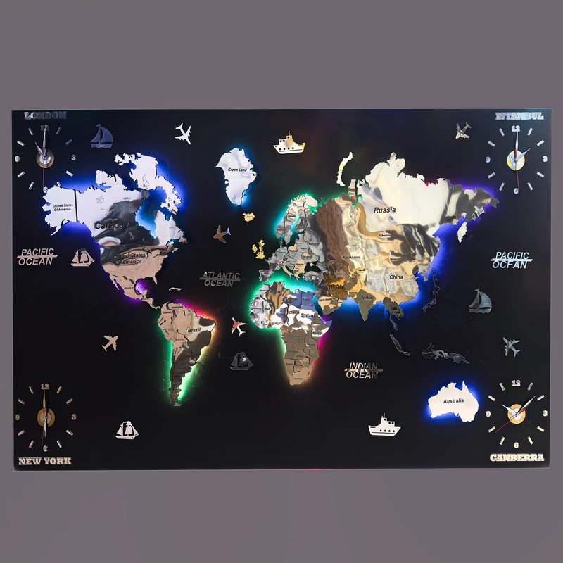 تابلو نوری مدل تابلو نقشه جهان ساعت دار جغرافیایی