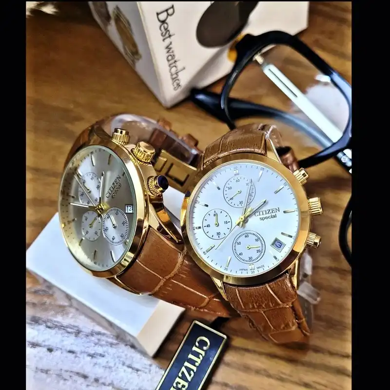 ست ساعت مچی عقربه ای سیتی زن مدل سه موتور فعال کورنوگراف قفل پروانه ای بند چرمی_brn04