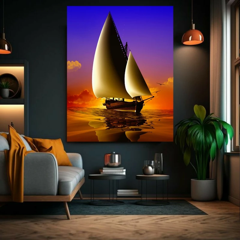  تابلو بوم طرح  کشتی و غروب دریا کد BK1554