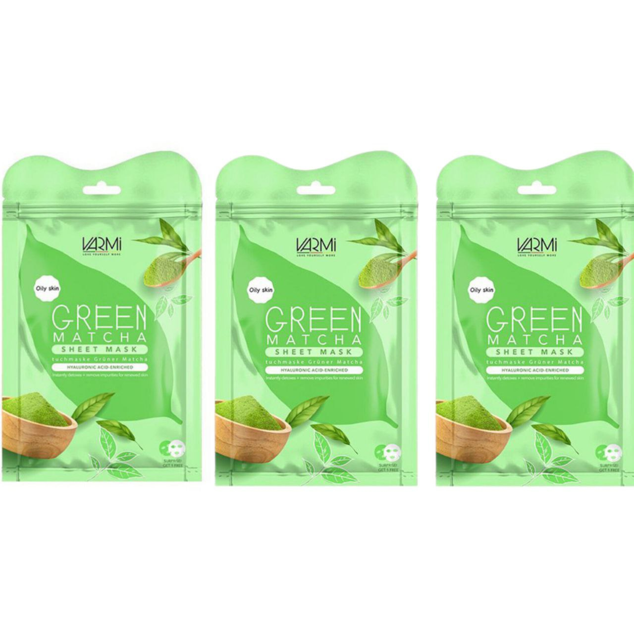 ماسک دبل شیت وارمی مدل گرین ماچا مناسب پوست خشک حجم 45 میلی لیتر بسته بندی 3 عددی