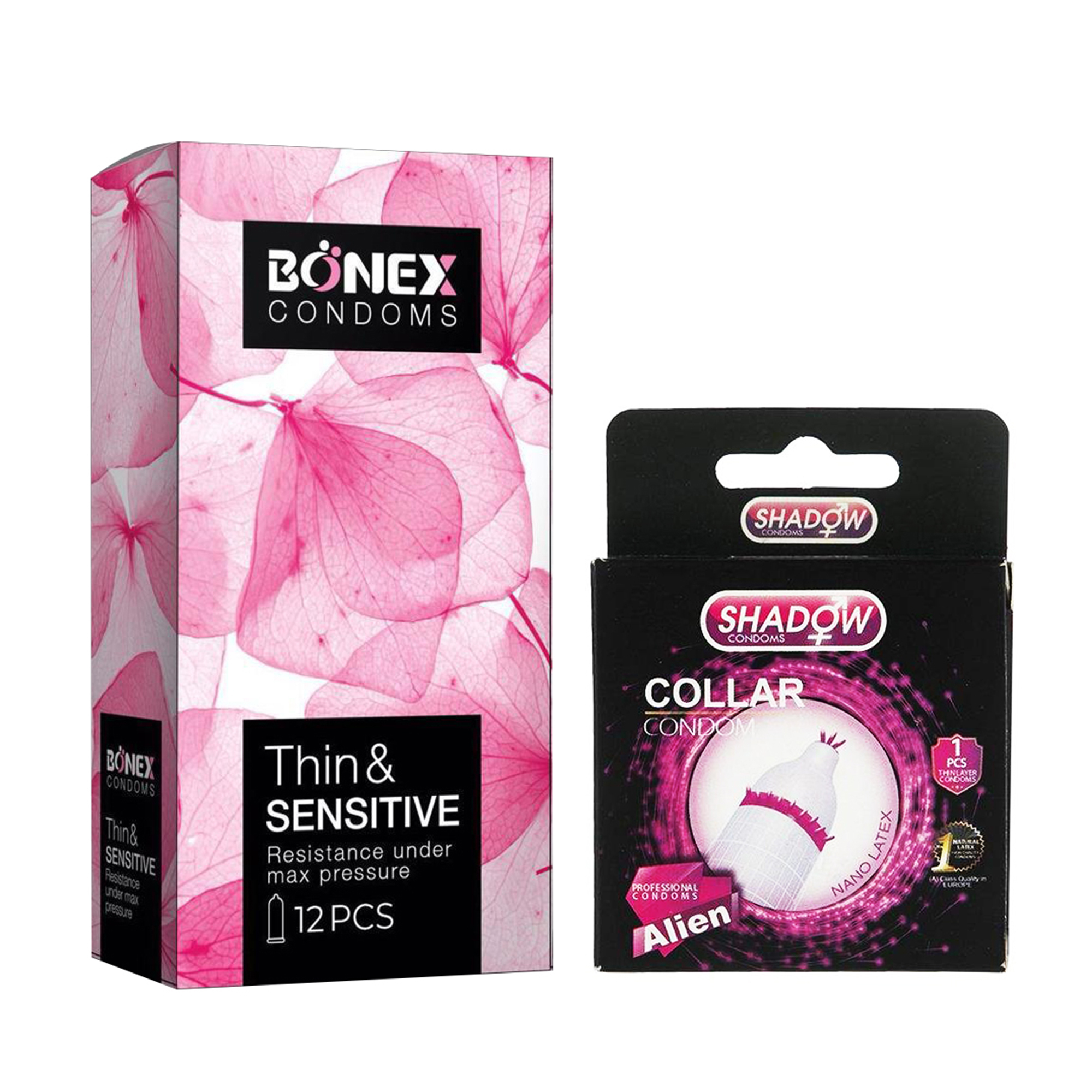کاندوم بونکس مدل Thin & Sensitive بسته 12 عددی به همراه کاندوم شادو مدل Collar