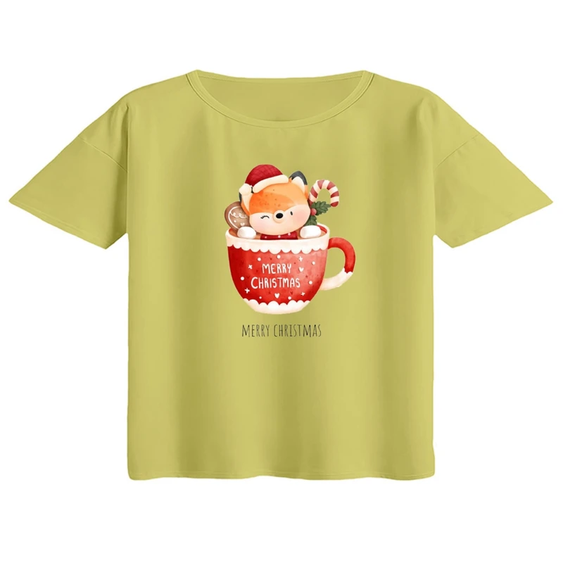 کراپ تی‌شرت آستین کوتاه زنانه مدل گوزن کریسمس کد 1