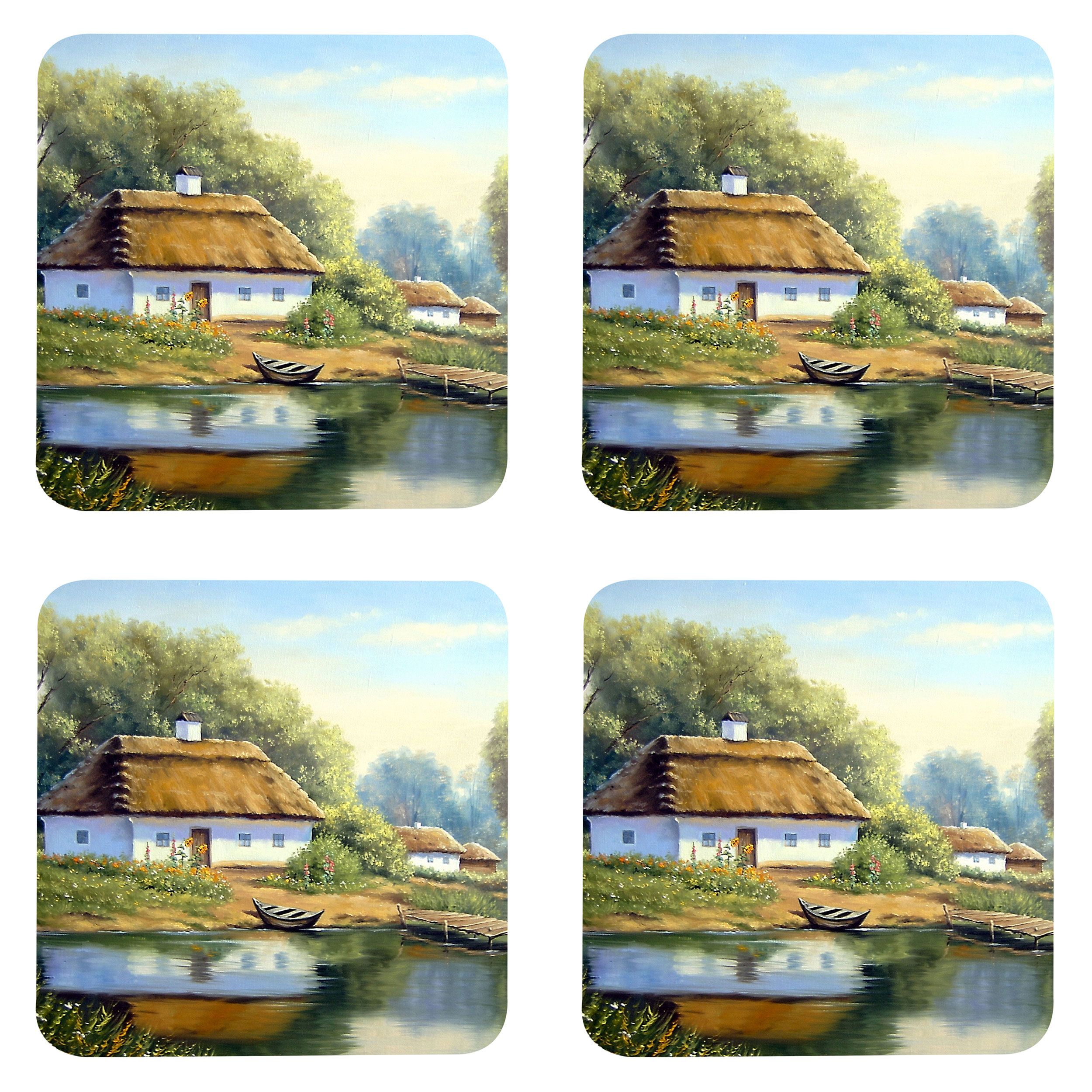 زیر لیوانی مدل Z1012 طرح نقاشی منظره برکه و قایق و کلبه و جنگل بسته چهار عددی