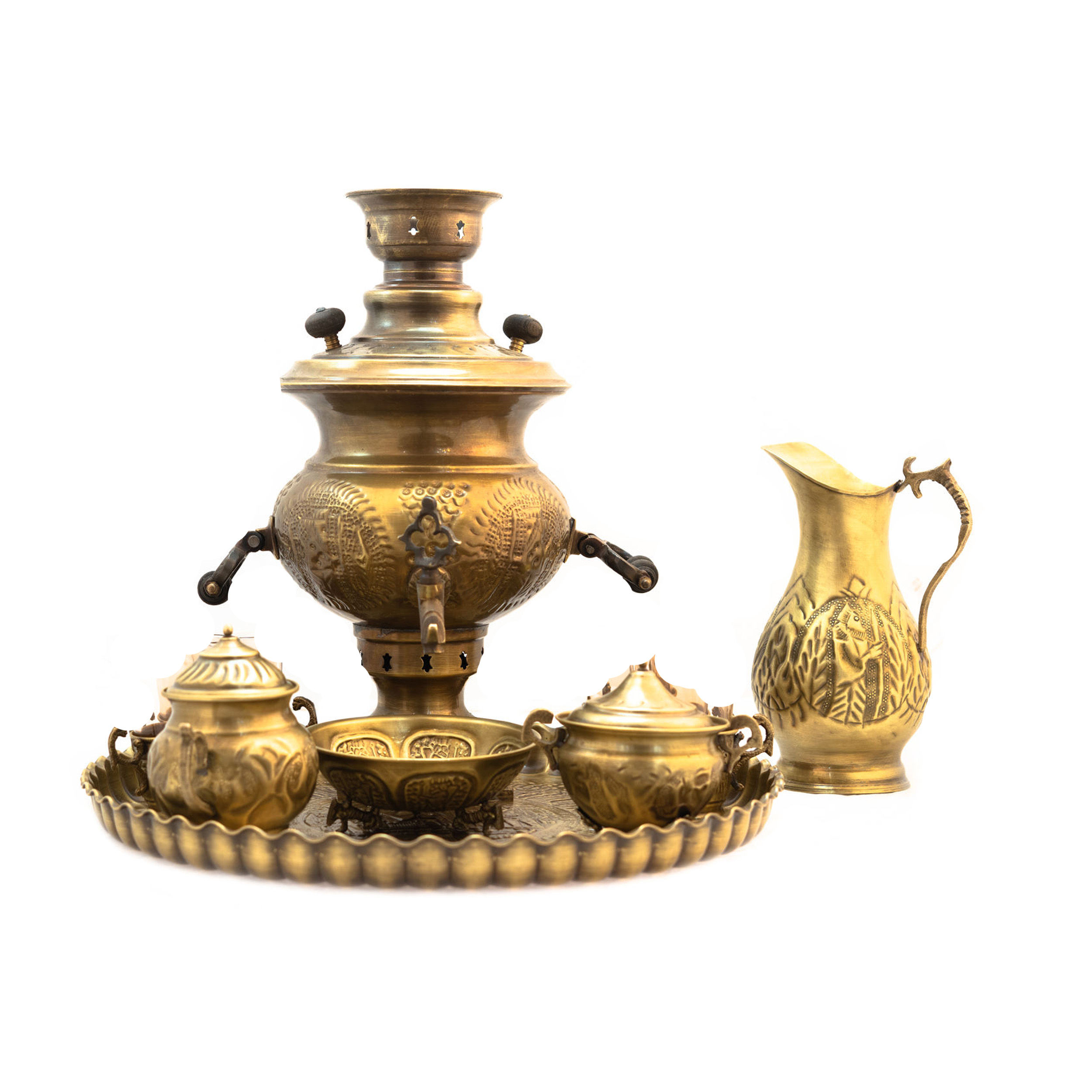 سرویس سماور 6 پارچه برنجی مدل قلم کاری کد 1257