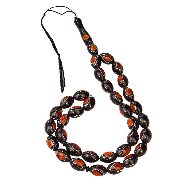 تسبیح بازرگانی میلادی مدل کشکول میناکاری کهربا کد T_363