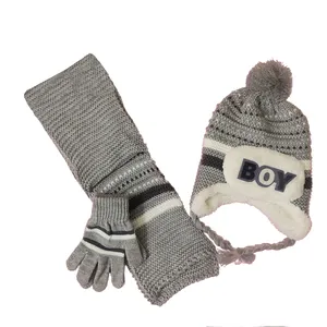 ست کلاه و شال گردن و دستکش بافتنی بچگانه مدل BOY A-7727 رنگ طوسی