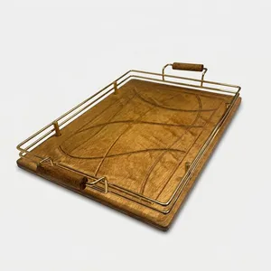 سینی دسته دار مدل چوب و فلز سایز 24*37 سانتی متر