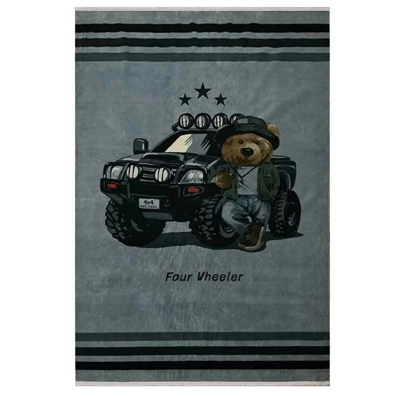 فرش ماشینی 700 شانه محتشم زمینه طوسی حاشیه طوسی مدل خرس و ماشین کد 101278