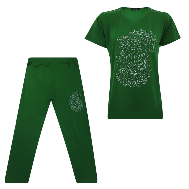 ست تی شرت آستین کوتاه و شلوار زنانه مدل نخی ویسکوز نگینی کد tm-2214 رنگ سبز