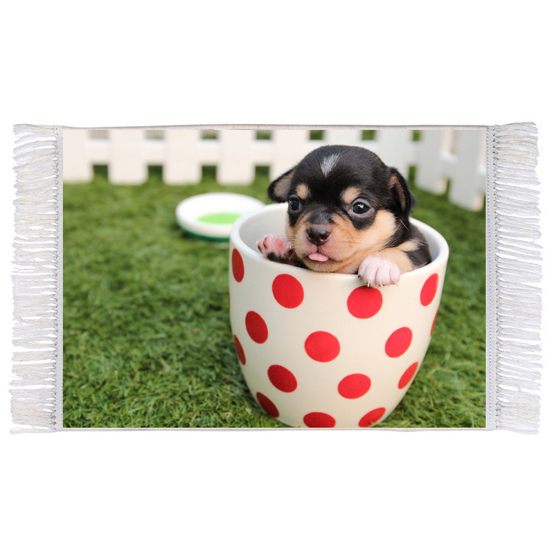 فرش ماشینی دیوارکوب اطلس آبی طرح توله سگ و فنجان مدل T1527