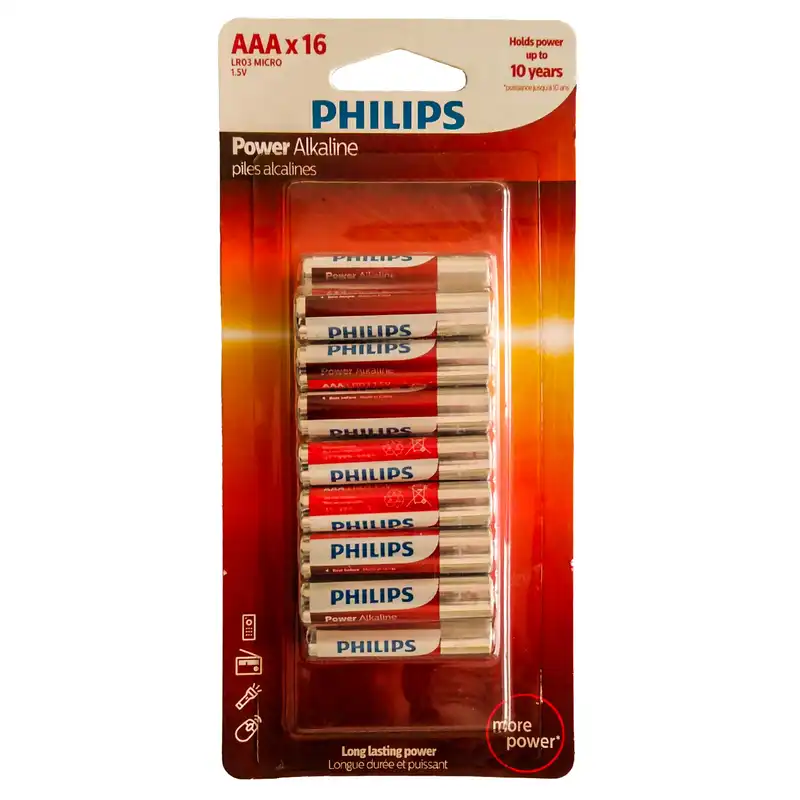 باتری نیم قلمی فیلیپس مدل power alkaline بسته شانزده عددی