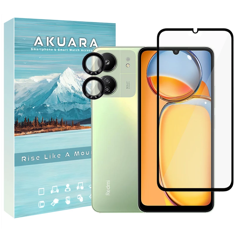 محافظ صفحه نمایش آکوآرا مدل Full-ring مناسب برای گوشی موبایل شیائومی Redmi 13C / Poco C65 به همراه محافظ لنز دوربین