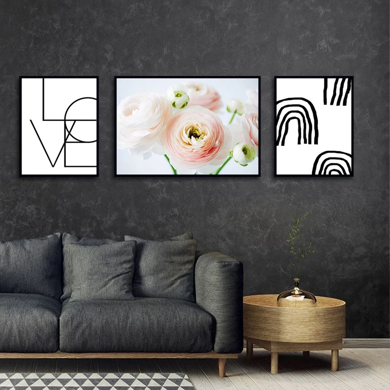 تابلو ساده بکلیت طرح نقاشی مینیمال و گل مدل شاین اکلیلی B-3005 فریم مشکی مجموعه 3 عددی