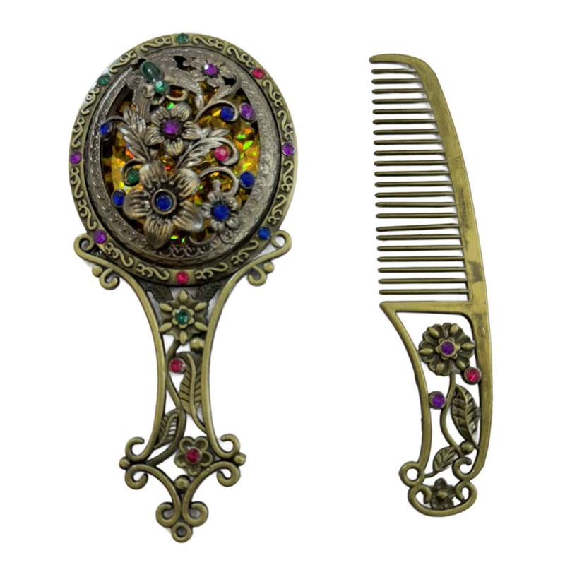 ست آینه و شانه مو مدل فلزی طرح گل کد stcommirflo110